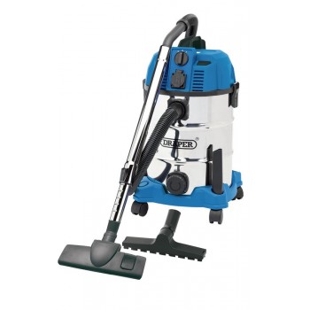 230V Wet and Dry Vacuum Cleaner with Stainless Steel Tank and Integrated Power Out-Take Socket, 30L, 1300W