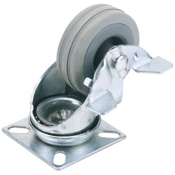 Swivel Plate Fixing Rubber Castor with Brake, 100mm Diameter, S.W.L. 80kg